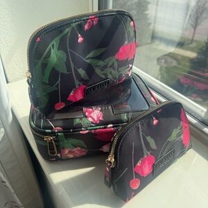 NWT Ted Baker 3-Piece Black Floral Cosmetic Pouch Set